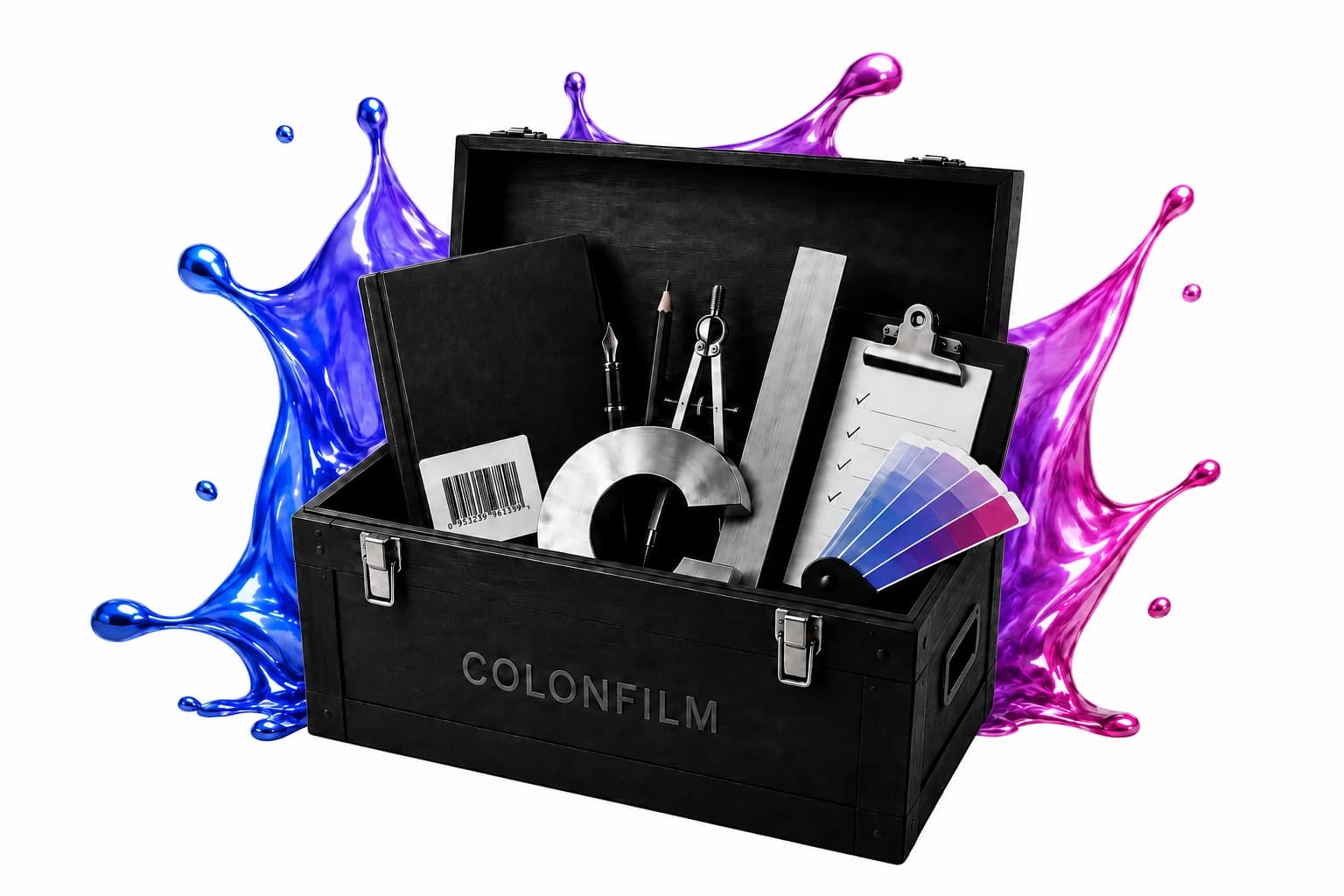 COLONFILM designer toolbox containing physical writing, publishing and design tools