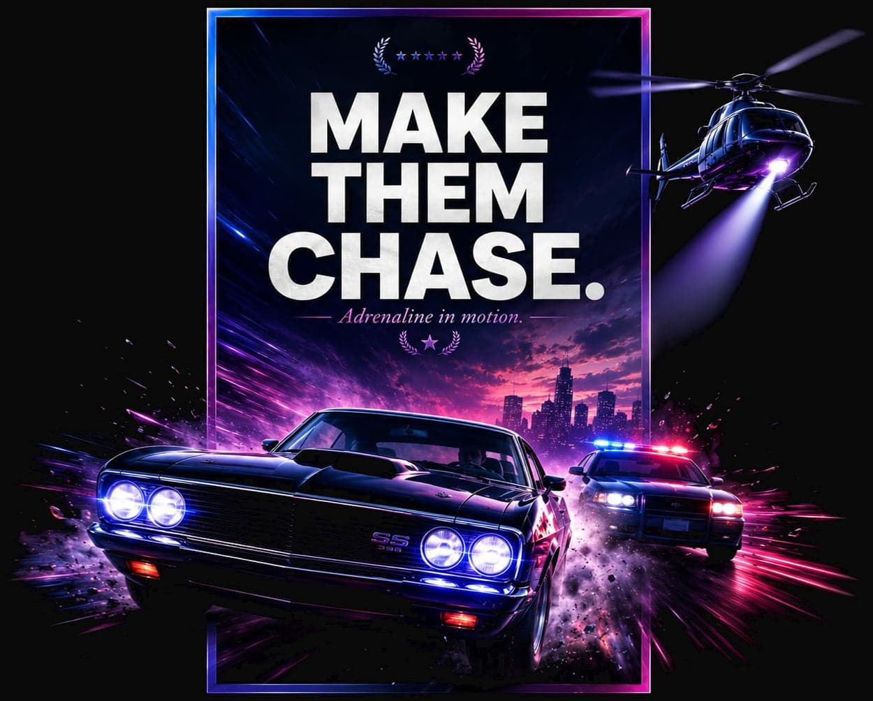 Action movie poster design with a car, helicopter and neon lighting