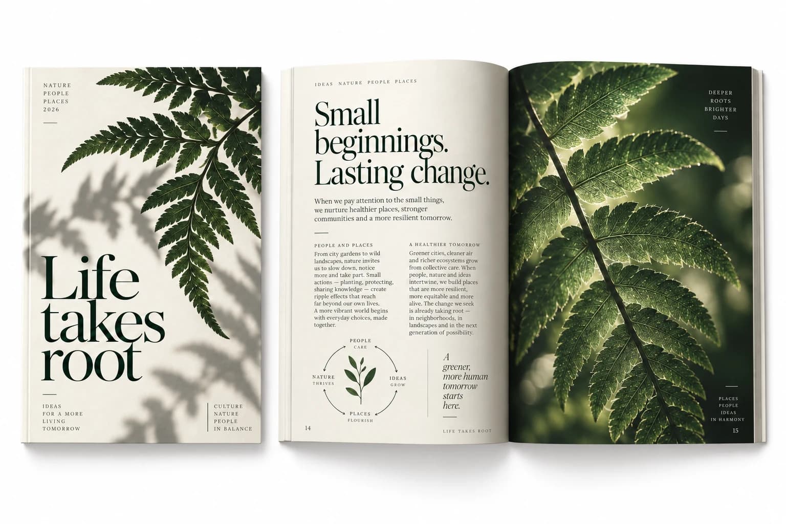 AI visual concept of a nature annual report: botanical cover and interior spread on white.