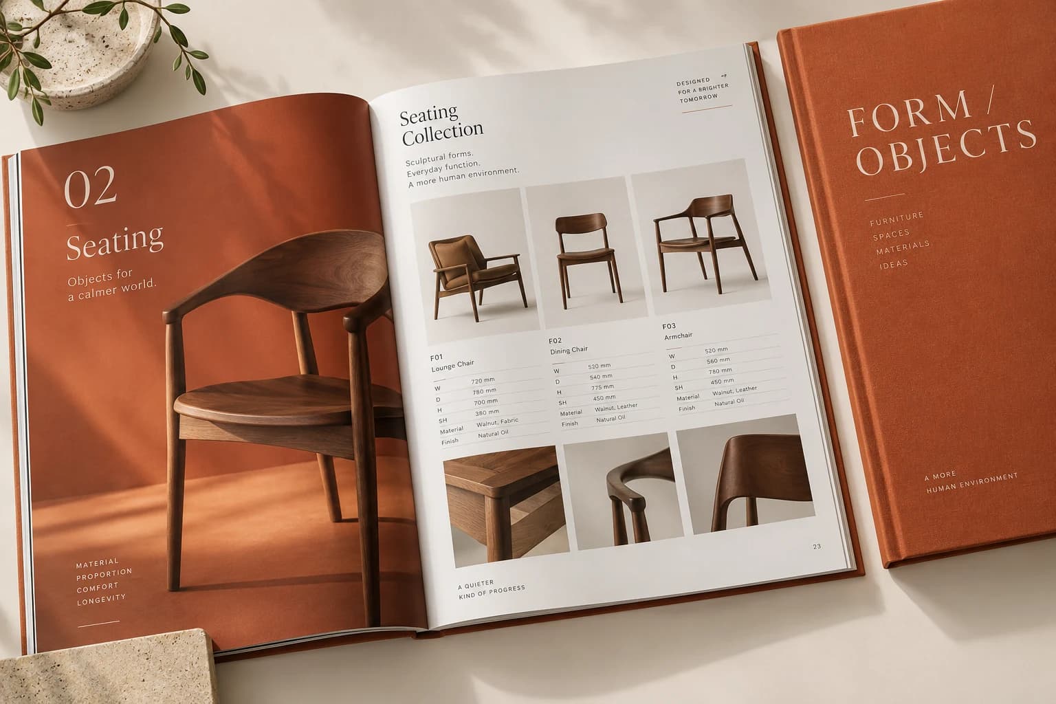 AI visual concept of a furniture catalog with product photography and specification grids