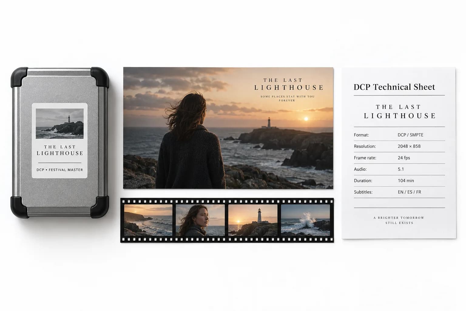 Concepto visual con IA de una entrega a festival: disco de cine, fotograma y ficha técnica de DCP de una película ficticia sobre fondo blanco.