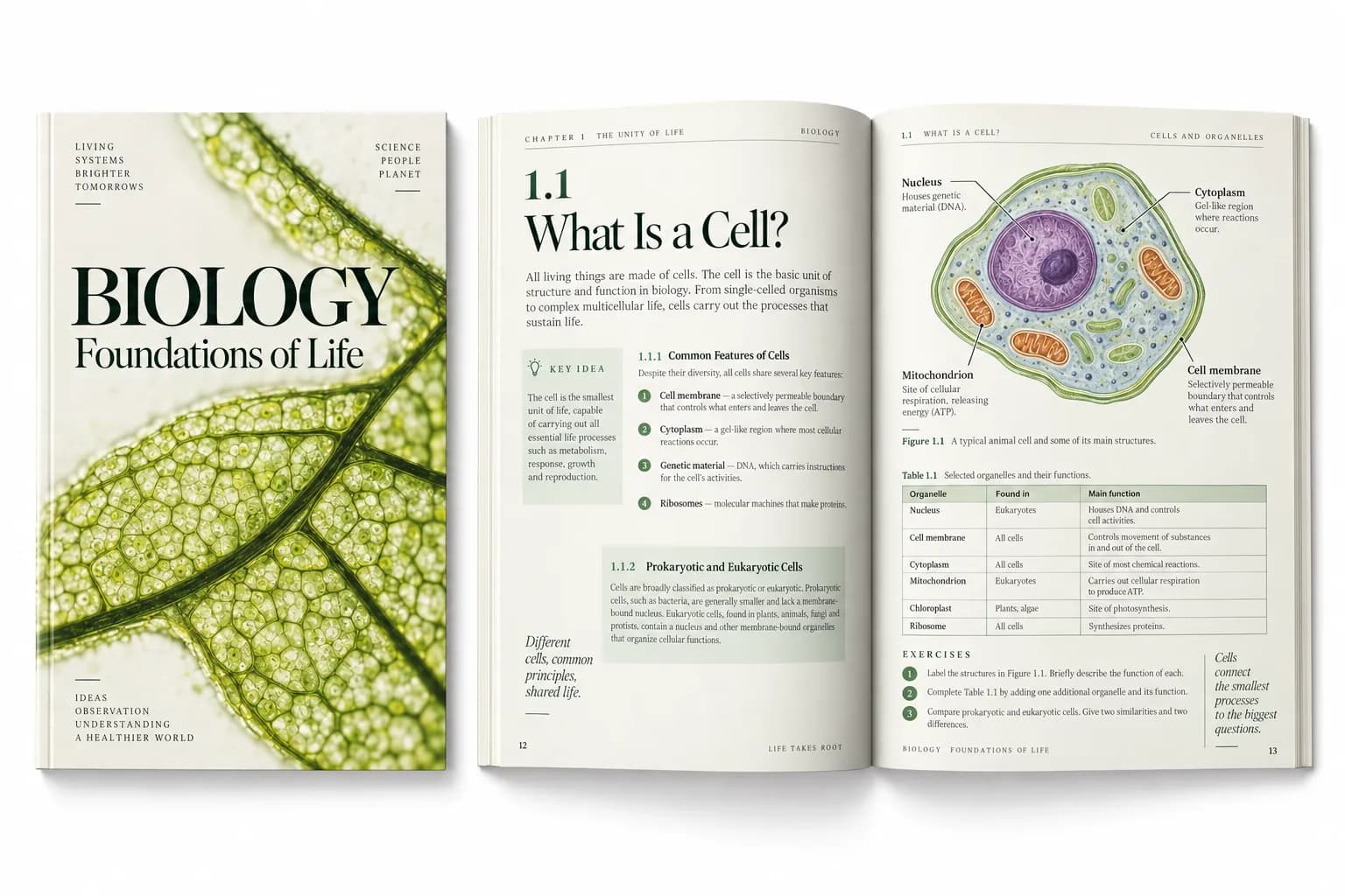AI visual concept of a biology textbook: cover and open spread with a labelled cell diagram and exercises on white.