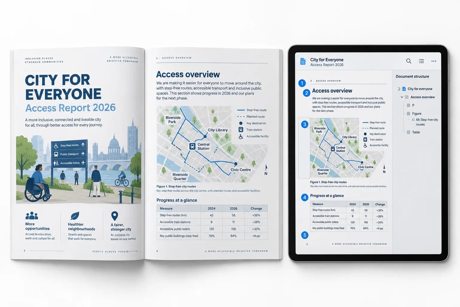 AI visual concept of an accessible public report: printed document next to a tablet showing its tag structure and reading order on white.