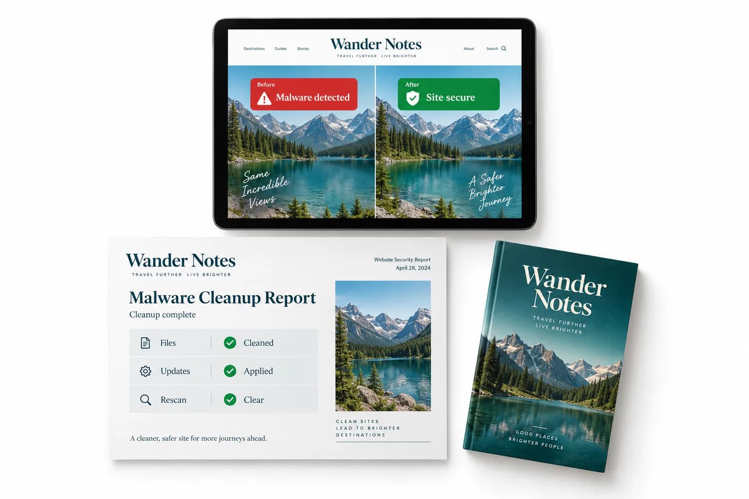 AI illustration of the fictional Wander Notes travel blog, showing a warning screen, a cleaned-site view, and a malware cleanup report.