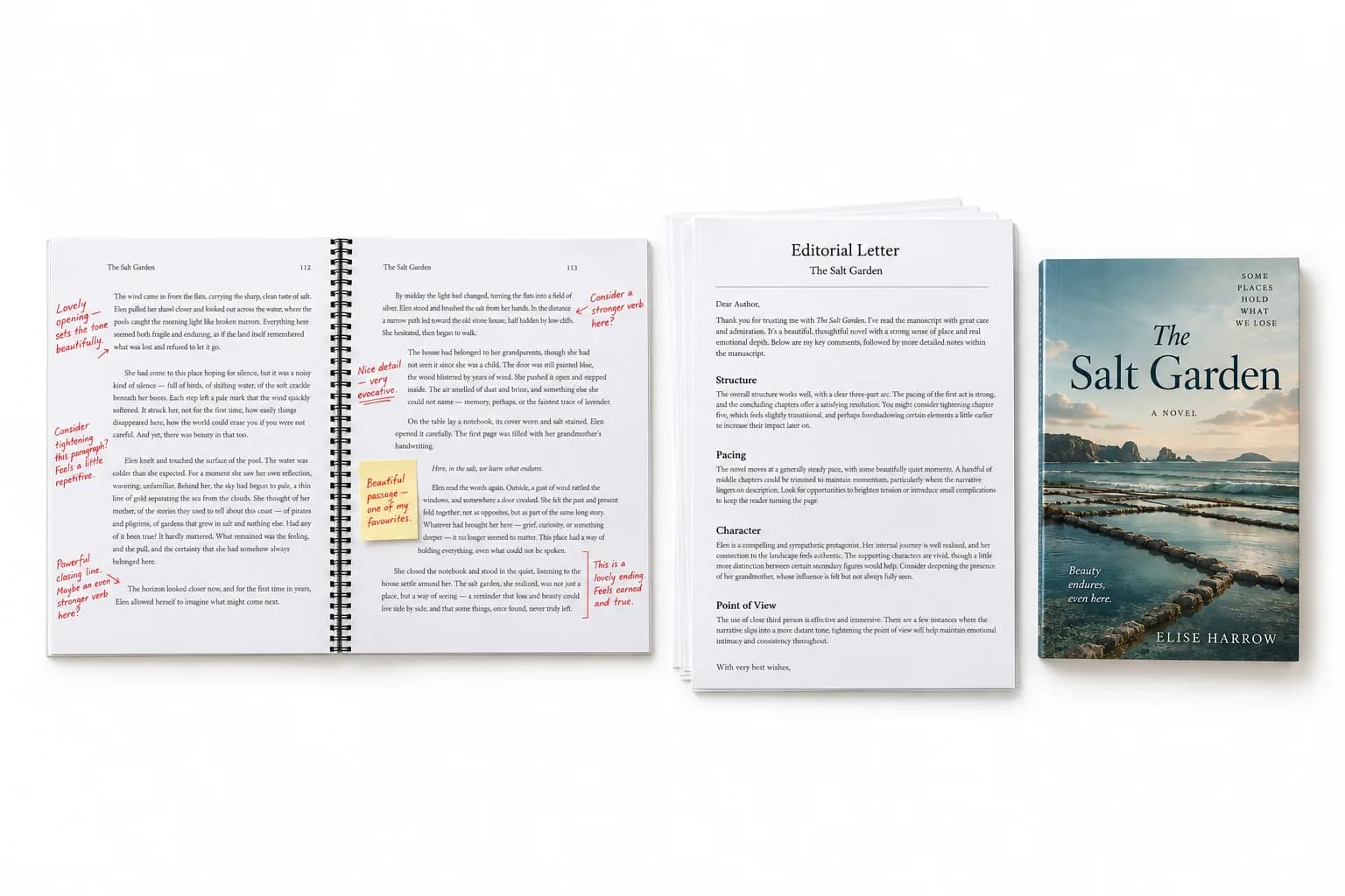 Concepto ilustrativo: manuscrito anotado de The Salt Garden junto a una carta editorial.