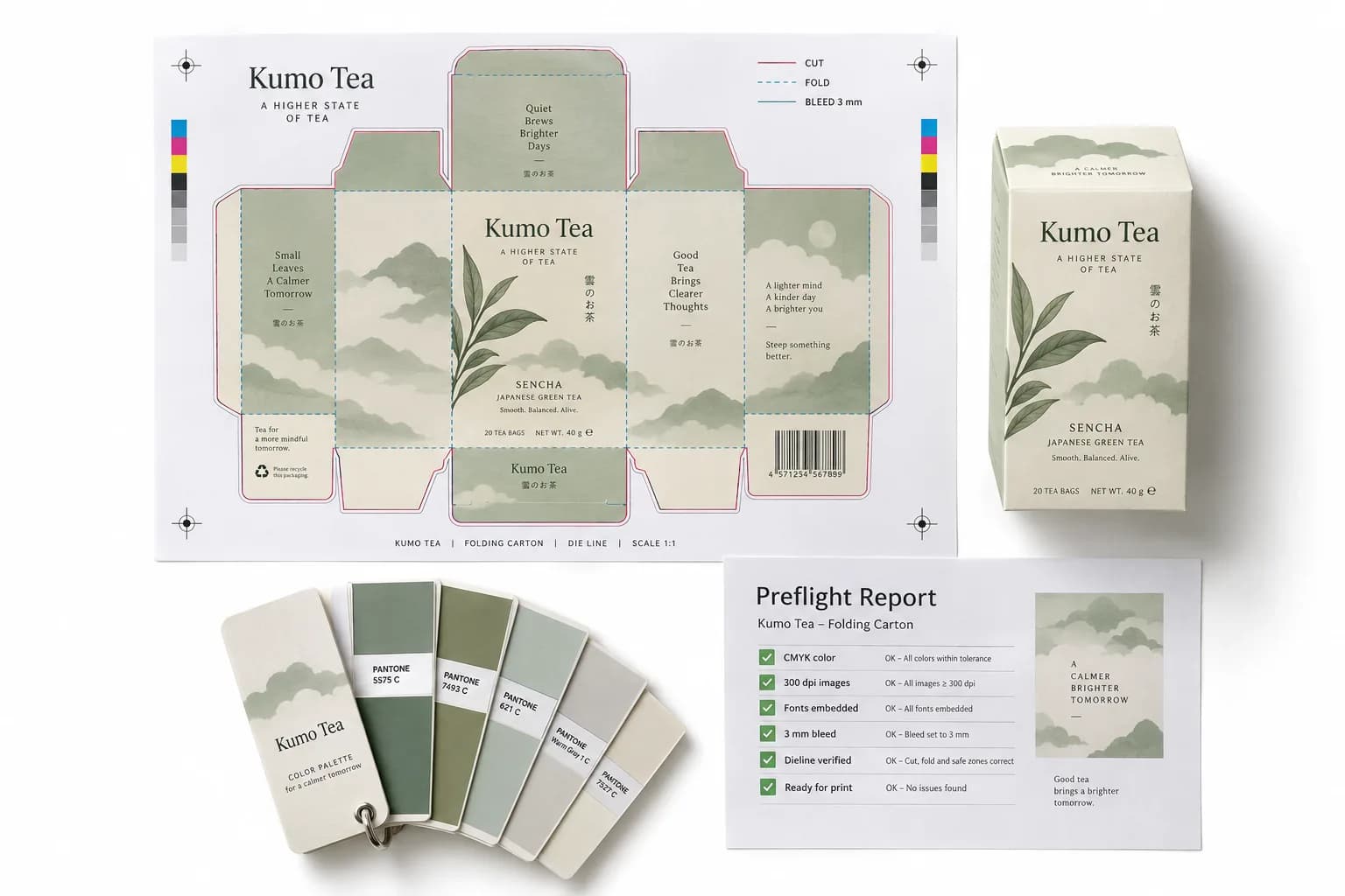 Illustrative AI concept of fictional Kumo Tea packaging: flat artwork on a dieline, color swatches, an assembled tea box and a preflight report on white.