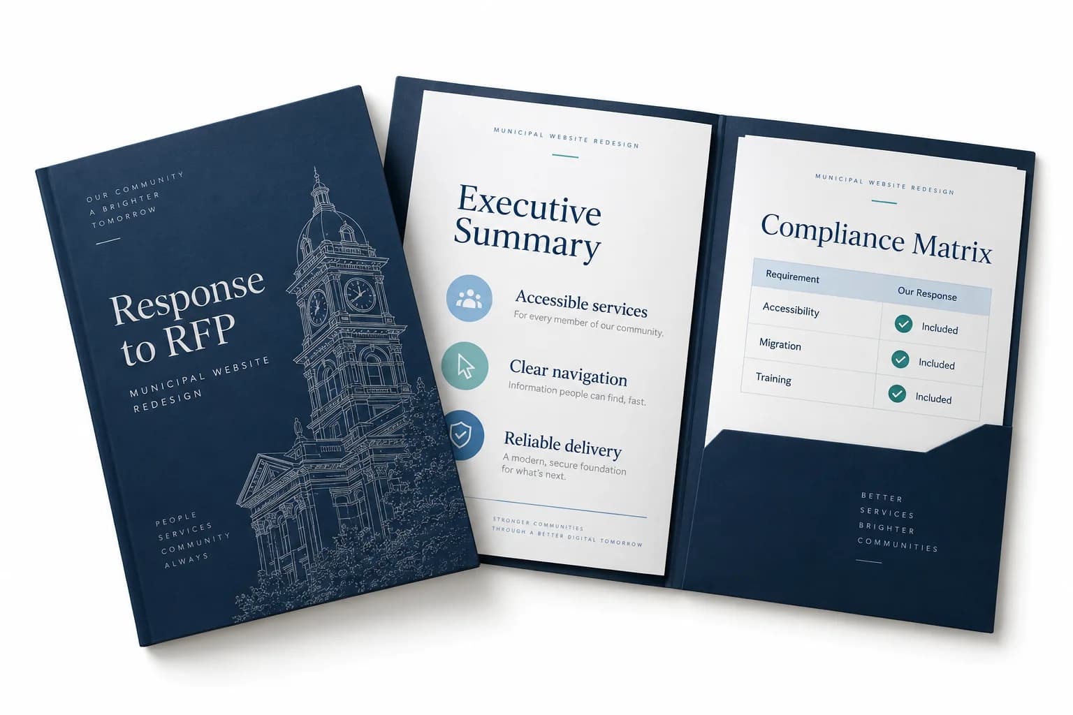 AI illustration of a fictional Municipal Website Redesign RFP response, bound and displayed beside a compliance matrix and executive summary on white.