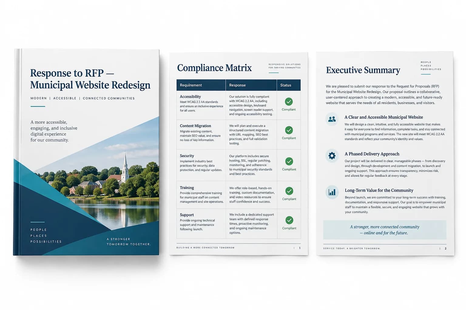 Illustrative AI concept on white: a bound fictional Municipal Website Redesign RFP response beside a compliance matrix and executive summary.
