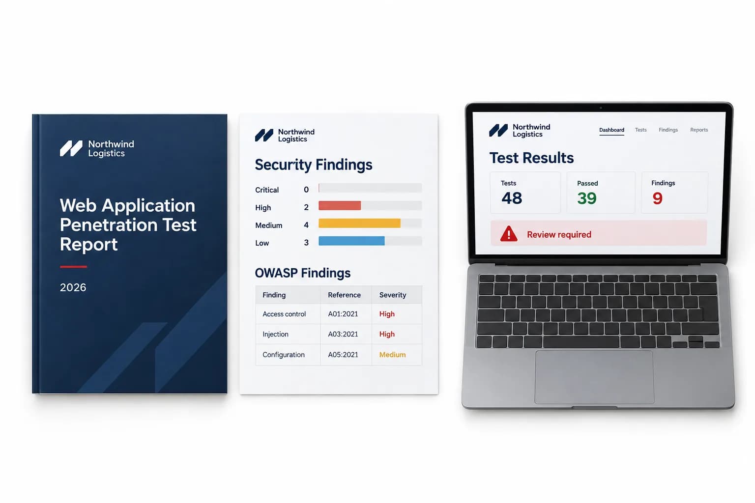 Illustrative concept: a web application pentest report beside a laptop displaying test results.