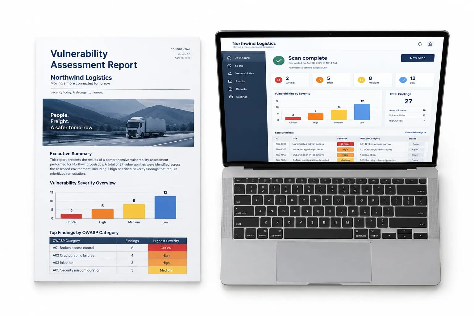 Illustrative AI concept for fictional Northwind Logistics: a navy vulnerability report with severity chart beside a laptop showing scan findings on white.