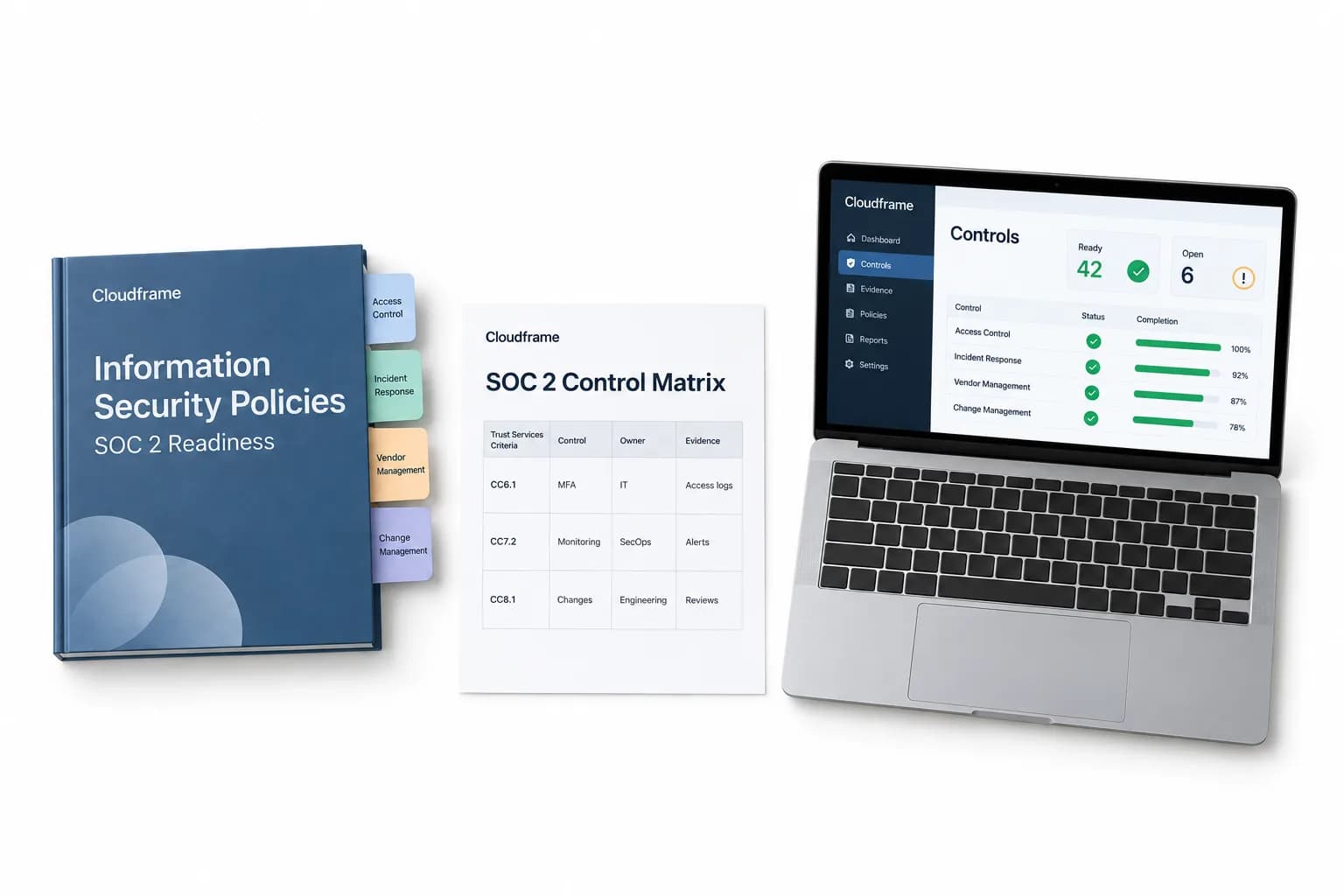 Illustrative concept: a security policy binder, a control matrix and a laptop arranged together.