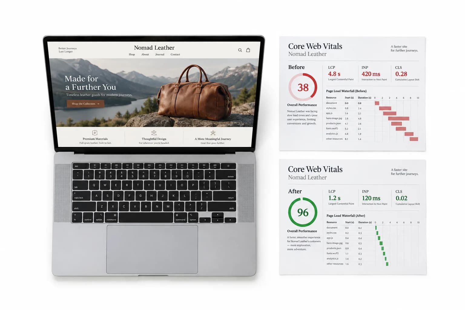 Illustrative AI concept for fictional Shopify store Nomad Leather: laptop, waterfall chart and Before 38 / After 96 cards; the scores are fictional, not measured client results or a promise.
