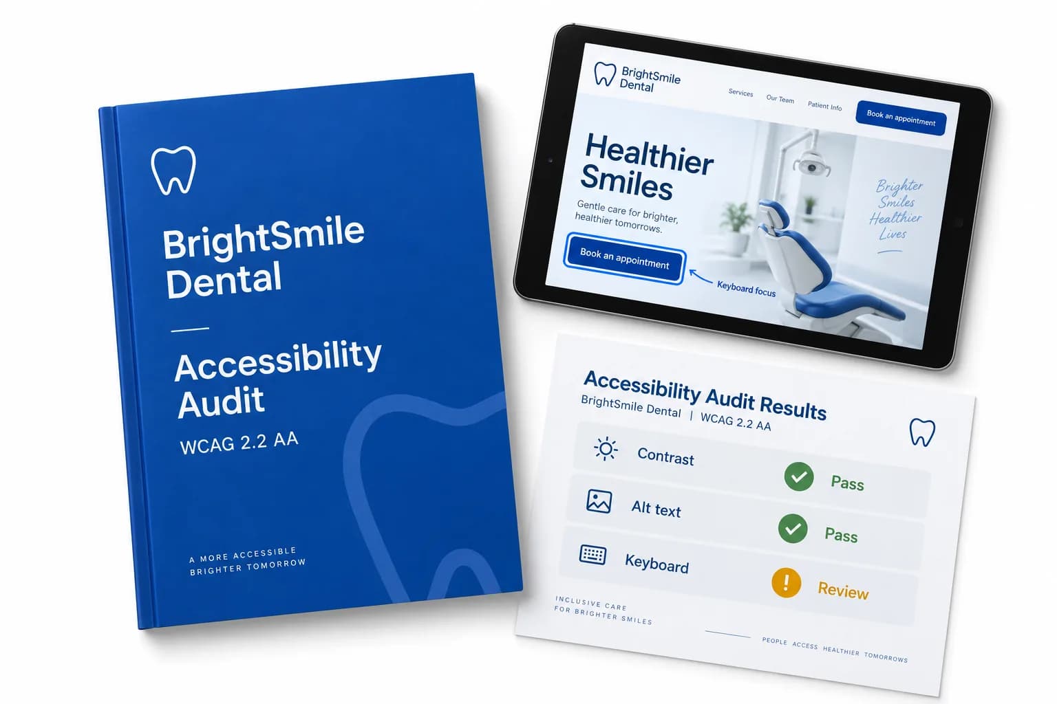 AI illustration on white: a bound WCAG 2.2 AA accessibility audit for the fictional BrightSmile Dental, its website on a tablet with visible keyboard focus, and a sheet of audit results.