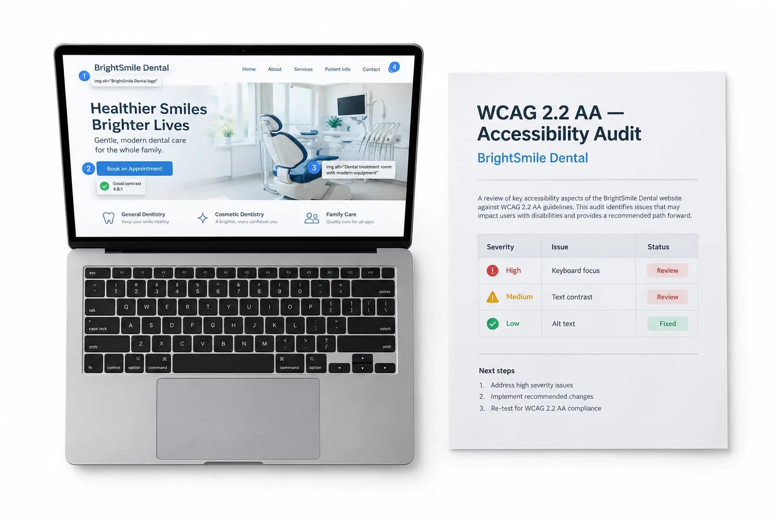 Illustrative AI concept on white: a laptop showing accessibility checks for fictional BrightSmile Dental beside a printed WCAG 2.2 AA audit report.