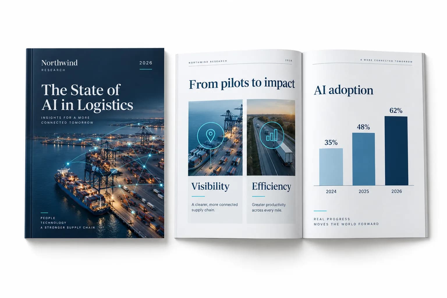 AI illustration on white: the fictional Northwind white paper The State of AI in Logistics 2026, with its cover beside an open spread of photos and data charts.