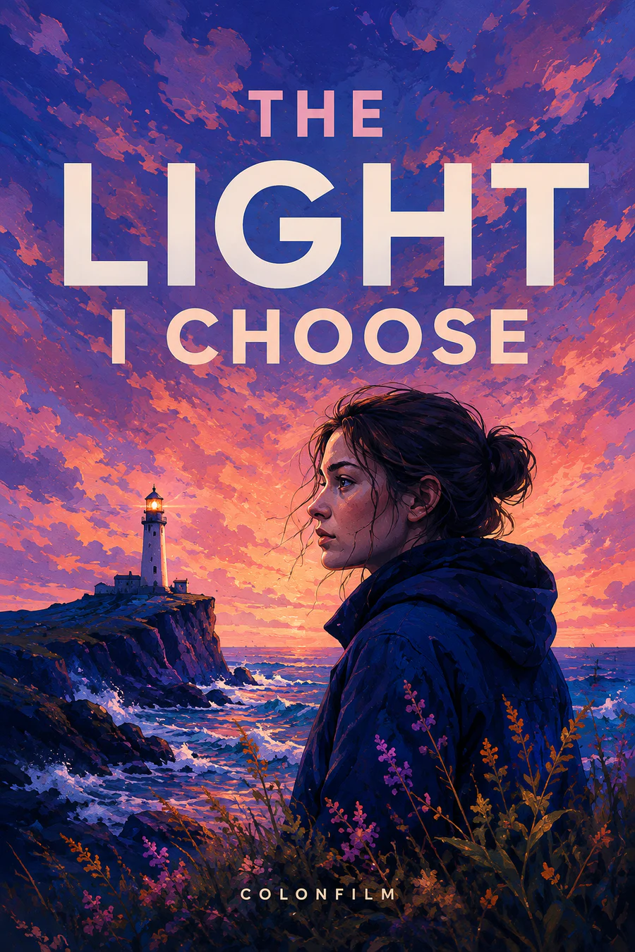 The Light I Choose illustrated-style sample with a woman, coastal lighthouse and orange-purple sky.