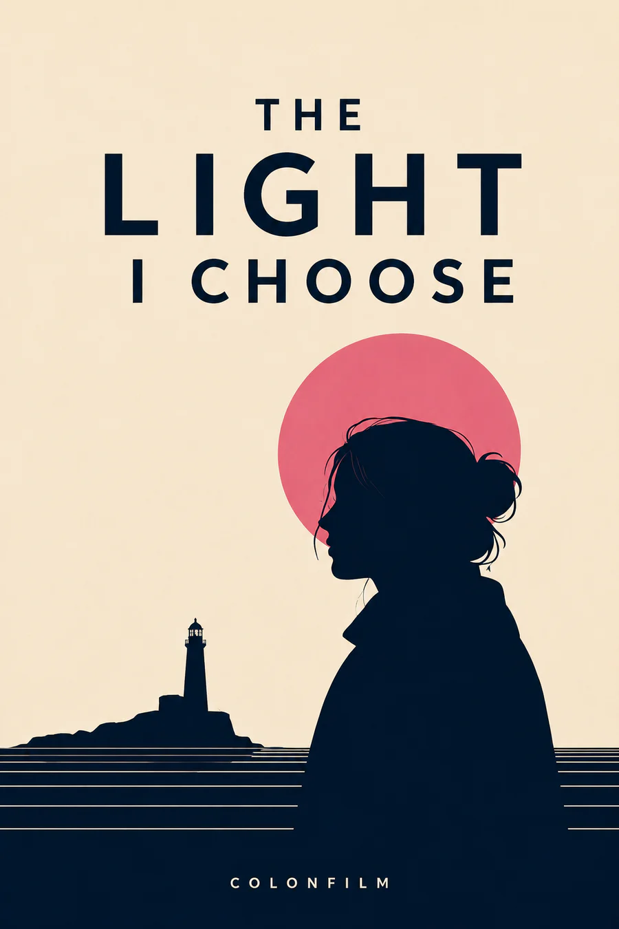 The Light I Choose minimalist sample: dark profile silhouette, pink circle, small lighthouse and cream background.