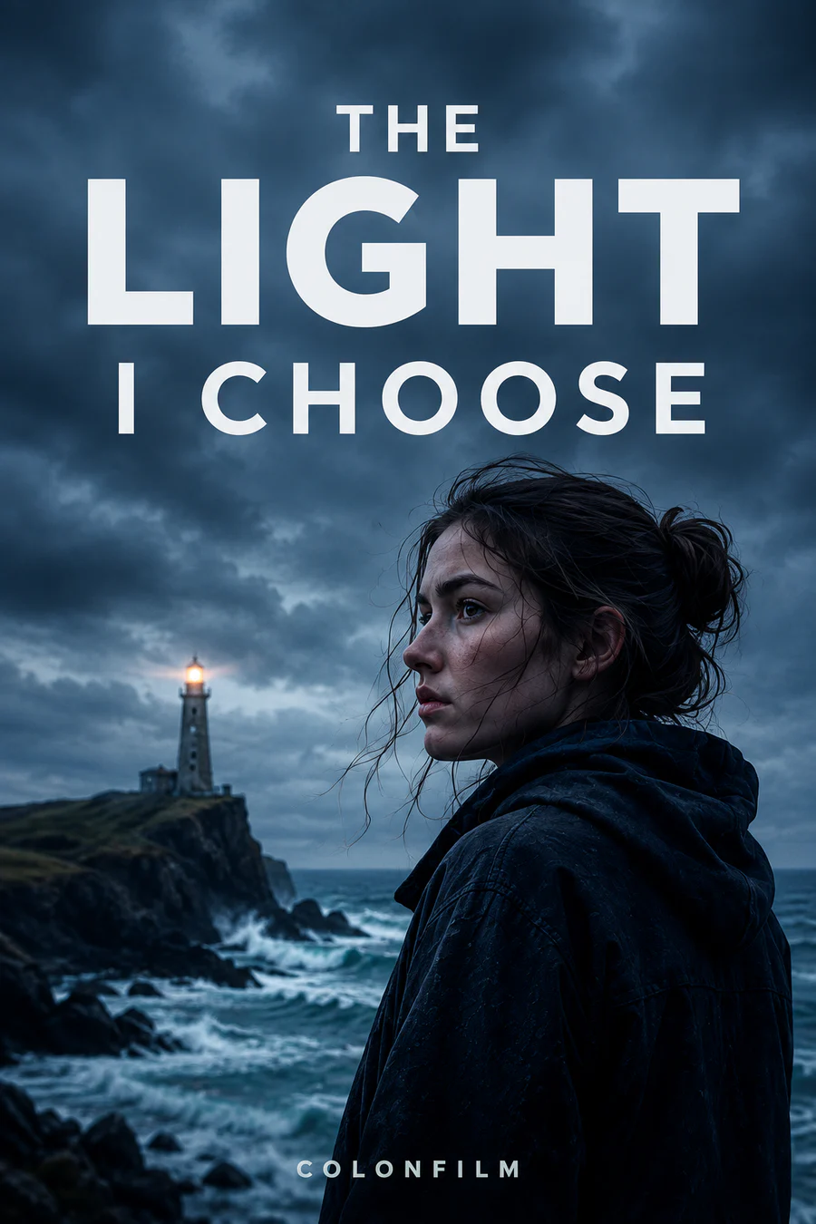The Light I Choose photographic-style sample: a woman on a dark coast with a lighthouse behind her.