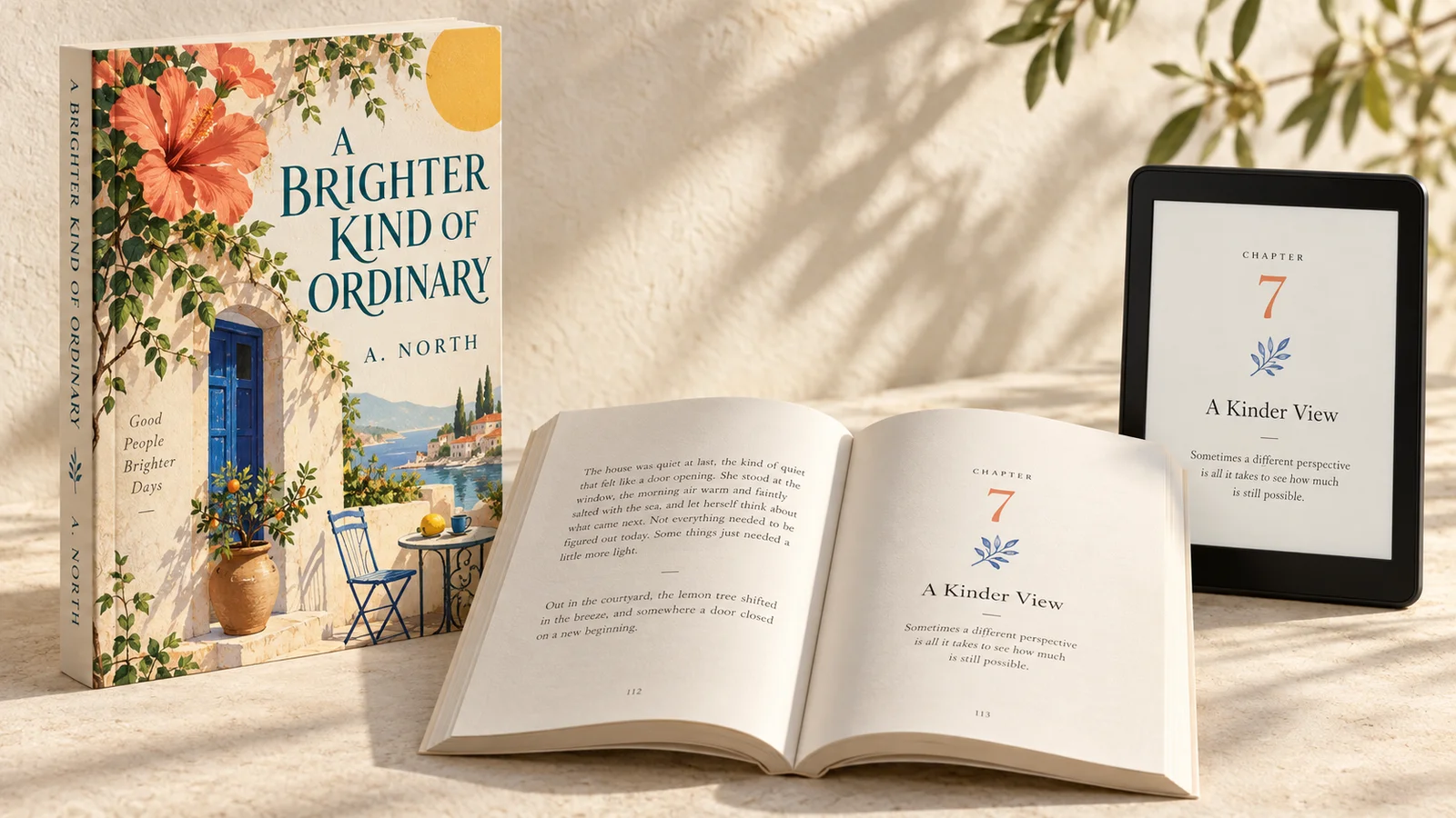 Sunlit illustrated book cover with coral flowers and a blue doorway beside a coordinated interior and ebook chapter