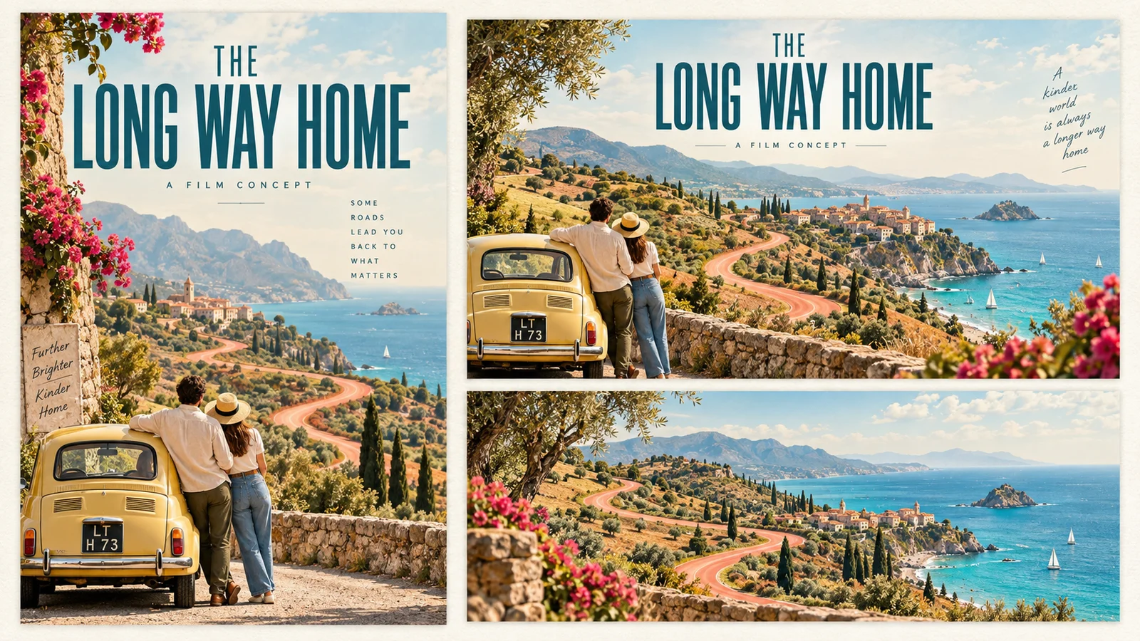 The Long Way Home concept: a sunny coastal road, two travelers and a yellow car across portrait and landscape film artwork