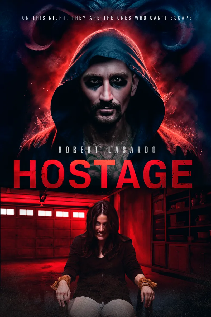 Hostage movie poster: the hooded antagonist fills the frame in red light